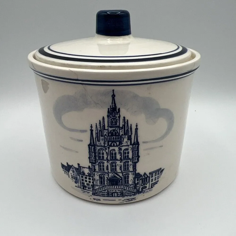 Vintage Delft Blue ceramic jar canister Jumbo Hand painted Stroopwafel Lid